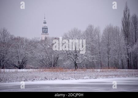 Celle, Dammschwiesen mit Blick auf den Turm der Stadtkirche St. Marien, hiver Banque D'Images