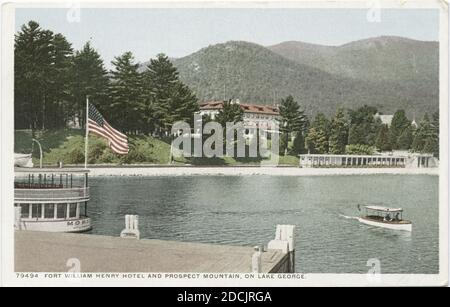 Hôtel fort William Henry et Prospect Mountain sur le lac George, image fixe, cartes postales, 1898 - 1931 Banque D'Images