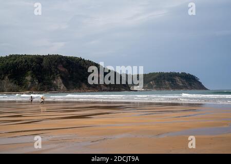 Rodiles, Asturies / Espagne - 6 novembre 2020: Une femme surfeuse poussins se dirigeant dans les vagues à la plage de Rodiles dans les Asturies Banque D'Images