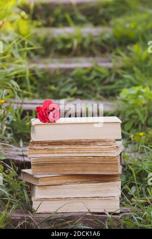 Carte vintage avec pile de vieux livres et rose rouge fleurs à l'extérieur