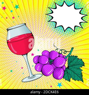 Fond vectoriel de couleur vive en style Pop Art. Illustration avec un verre de vin et un bouquet de raisins. Style comique rétro Illustration de Vecteur