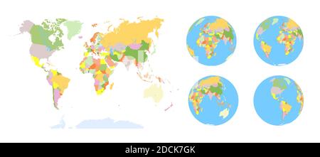 Globe de la terre. Jeu de carte du monde. Planète avec continents.Afrique Asie, Australie, Europe, Amérique du Nord et en Amérique du Sud. Illustration de Vecteur