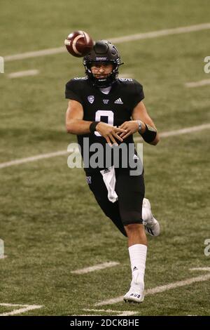 Seattle, WA, États-Unis. 21 novembre 2020. Le quarterback des Huskies de Washington Dylan Morris (9) se lance lors d'un match entre les Wildcats de l'Arizona et les Huskies de Washington au stade Husky de Seattle, en Australie occidentale. Sean Brown/CSM/Alamy Live News Banque D'Images