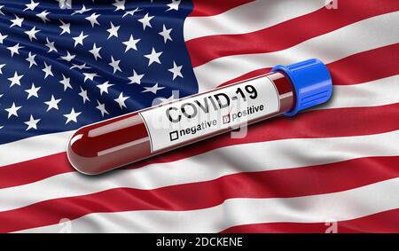 Drapeau des États-Unis d'Amérique avec un test sanguin positif pour le virus Corona Covid-19. Illustration 3D Banque D'Images