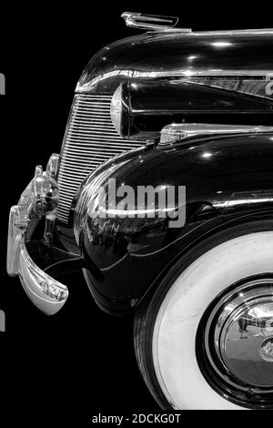 Détail Oldtimer, Cadillac Fleetwood 1938, en noir et blanc Banque D'Images