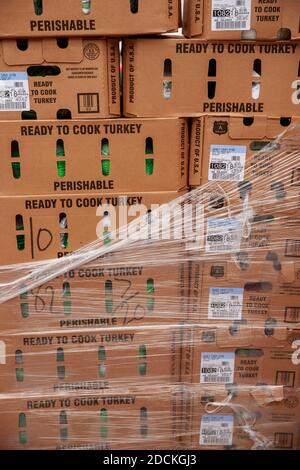 Bloomington, États-Unis. 20 novembre 2020. Des boîtes de dindes sont distribuées pour les repas de Thanksgiving par Pantry 279 bénévoles Hoosier Hills Food Bank. Crédit : SOPA Images Limited/Alamy Live News Banque D'Images