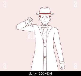 Illustration vectorielle d'un homme qui montre un geste de désaccord et des émotions négatives sur son visage. Homme détective dessin animé art Illustration de Vecteur