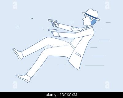 Une mission dangereuse d'un agent couvert. Illustration vectorielle d'un homme qui tourne avec des pistolets. Homme détective dessin animé art Illustration de Vecteur