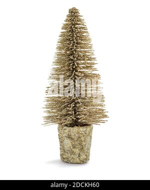 Petit arbre de Noël doré à paillettes isolé sur fond blanc Banque D'Images