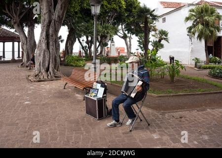 Le musicien de rue joue l'accordéon, gagnant de l'argent, dans le parc de la ville d'Icod de las Vinos. Ténérife, Espagne. Banque D'Images