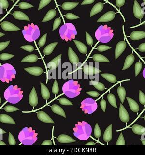 Design élégant et tendance à motif vectoriel de texture fleuri composé de magnifiques fleurs et feuilles sur fond noir. Illustration de Vecteur