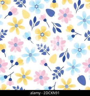 Élégant et tendance, le motif vectoriel de texture florale se compose de magnifiques fleurs et feuilles éclatantes sur fond blanc. Illustration de Vecteur