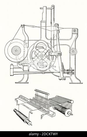 Une vieille gravure de deux vues du fonctionnement d'un métier à tisser. Il est issu d'un livre victorien d'ingénierie mécanique des années 1880. Un métier à tisser est un dispositif utilisé pour tisser le tissu. Le but de base de tout métier à tisser est de maintenir les fils de chaîne sous tension pour faciliter l'entrelacement des fils de trame. Englishman Edmund Cartwright a construit et breveté un métier à tisser en 1785, et c'est ce qui a été adopté par l'industrie du coton. L'eau et/ou la vapeur ont fourni la puissance nécessaire pour faire fonctionner les métiers, généralement par des entraînements par courroie vers les métiers individuels. La forme du métier à tisser et sa mécanique ont énormément varié Banque D'Images