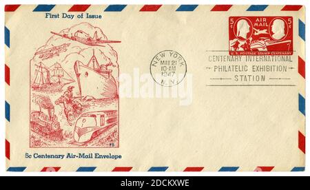 New-York, les Etats-Unis - 21 mai 1947: ENVELOPPE historique DES ETATS-UNIS: Couverture avec enveloppe de courrier aérien centenaire de 5 cents cachet, exposition philatélique internationale Banque D'Images