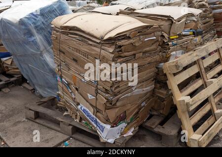 Les déchets de papier en carton sont conditionnés dans des briquettes et des supports sur des palettes, préparés pour le recyclage. Banque D'Images