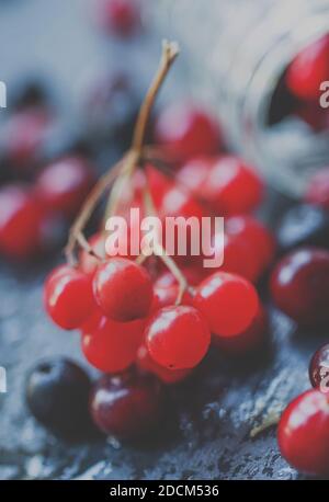 Canneberge, frêne de montagne, viburnum, fraise dans un pot en verre sur fond de pierre humide, mise au point sélective et faible profondeur de champ et image tonifiée Banque D'Images