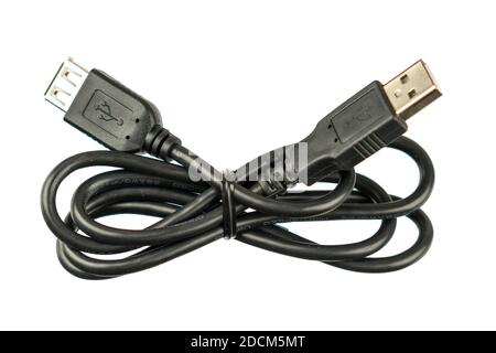 Cordon d'extension USB noir isolé sur fond blanc. Banque D'Images