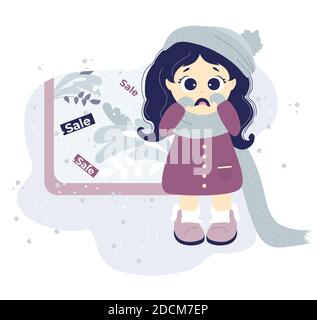 Pas de shopping. La fille bouleversée en vêtements d'hiver pleure près d'une fenêtre de magasin avec une vente saisonnière. Illustration vectorielle sur fond bleu avec Illustration de Vecteur