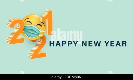 Bonne année 2021.3d nombre avec un visage jaune souriant dans un masque médical. Carte postale de fête. Vecteur Illustration de Vecteur