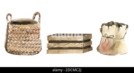 Ensemble de contenants en plastique, paniers vides pour ranger le linge et diverses choses. Illustration de la feuille, du panneau, de la récolte, symbole, aquarelle Banque D'Images