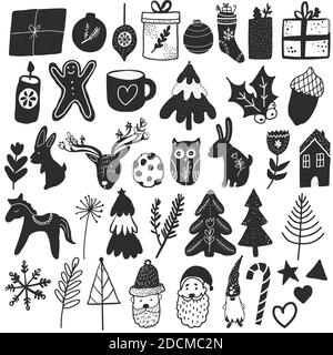 Noël noir et blanc Doodle illustrations objets dans le style scandinave hygge Banque D'Images