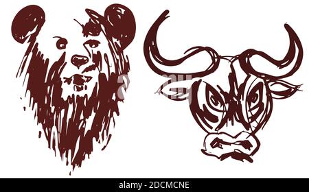 Silhouette d'ours et de taureaux dessinés à la main isolée sur fond blanc comme symbole du marché haussier et baissier, illustration vectorielle eps10. Illustration de Vecteur