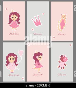 Collection de cartes de bébé mignonnes. Ensemble de cartes de voeux avec petites princesses, filles et animaux - chat et licorne et de mignons phrases. Impression créative Illustration de Vecteur