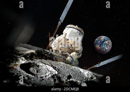 Le réparateur astronaute répare quelque chose à la surface de la lune, et la planète Terre derrière lui sur un ciel étoilé. Collage, éléments de cette image fournis Banque D'Images