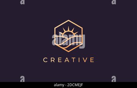 logo hexagonal avec vague de mer de la ligne et le soleil dedans une forme simple et moderne Illustration de Vecteur