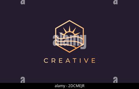 logo hexagonal avec vague de mer de la ligne et le soleil dedans une forme simple et moderne Illustration de Vecteur