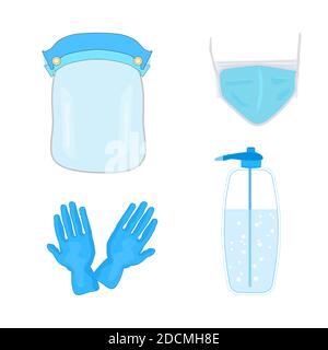 Icône mise en place pour la sécurité dans les lieux publics pendant l'éclosion de la maladie de coronavirus COVID-19. Flacon de désinfectant, masque médical, gants en latex et masque facial. Vecteur Illustration de Vecteur