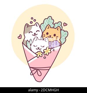 Joli dessin animé bouquet de chat. Kitties kawaii dessinées à la main avec des fleurs. Illustration vectorielle simple. Illustration de Vecteur