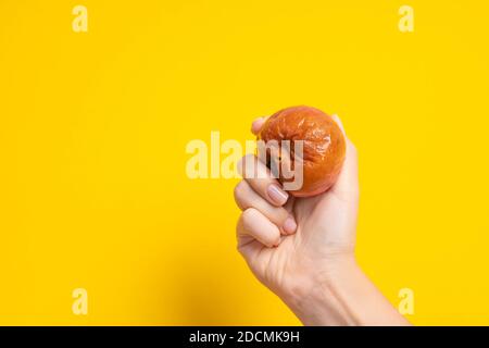 Une main femelle tient une pomme pourrie avec un ver sur fond jaune. Produits périmés. Banque D'Images