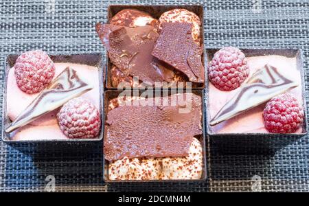 Vue sur les gâteaux de tiramisu et la mousse de framboise avec un morceau de chocolat. Photo macro Banque D'Images