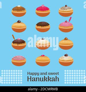 Hanoukkah traditionnel, donut de vacances juif avec différents scénarios glaçant. Illustration de Vecteur