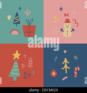 Les médias sociaux couvrent le thème de Noël. Ensemble d'affiches des fêtes d'hiver. Collection unique de Noël minimaliste dessinées à la main. Décoration de fête. Mettre en évidence la décoration Illustration de Vecteur
