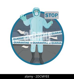 Médecin portant une combinaison protectrice pour prévenir le coronavirus sur fond de rue et la bande de quarantaine. Concept de quarantaine Covid-19. Illustration de Vecteur