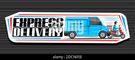 Bannière vectorielle pour livraison express, panneau d'affichage horizontal blanc avec illustration du camion bleu en mouvement, type sur moto avec boîte de livraison, decora Illustration de Vecteur
