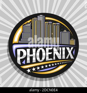 Logo Vector pour Phoenix, badge décoratif noir avec illustration du paysage célèbre de phoenix sur fond de ciel crépuscule, design d'art touristique frid Illustration de Vecteur