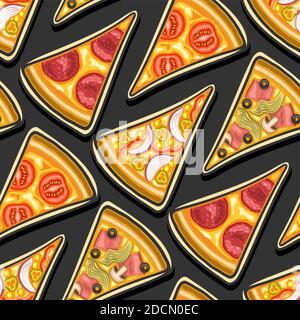 Vector Pizza Seamless Pattern, fond de pizza à répétition carrée, groupe d'illustrations découpées de tranches de pizza plates de triangles de type divers o Illustration de Vecteur