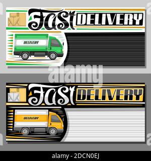 Bannière vectorielle pour livraison rapide avec espace de copie, panneau d'affichage décoratif avec illustration du camion en mouvement et boîtes en carton, bon d'échange publicitaire Illustration de Vecteur