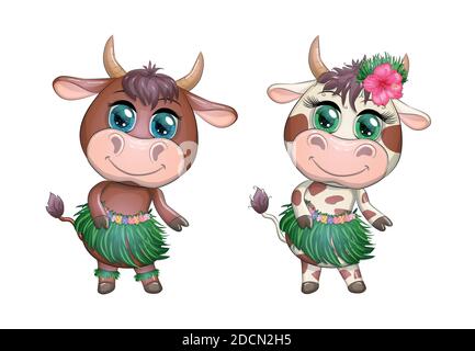 Une paire de taureau et de vache mignon avec de beaux yeux est le caractère d'une danseuse hawaïenne de hula parmi les feuilles, les fleurs Illustration de Vecteur