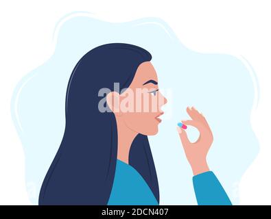 Femme prenant une pilule dans sa bouche. La femme tient une pilule dans sa main et a l'intention de la prendre. Traitement médicamenteux, pharmacie et médecine, concept vecto Illustration de Vecteur