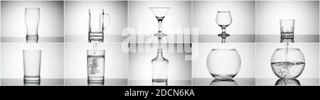 Jeu de verres sur une table brillante avec réflexion. Collage à partir de verres vides, d'un bol à poisson et d'une bouteille pour boissons alcoolisées. Banque D'Images