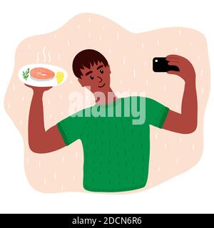 Black african man alimentation blogger faisant photo selfie avec steak de saumon et morceaux de citron et romarin pour le blog. Adorable garçon avec appareil photo pour smartphone. M social Illustration de Vecteur