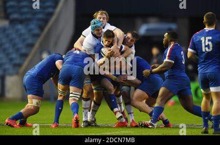 Stade BT Murrayfield. Edinburgh.Scotland.UK.22 novembre 20. Rugby .coupe des Nations d'automne Ecosse contre France . Photo montre Scotlands Scott Cummings, Jonny Gray & Matt Fagerson s'attaquer à Vincent Rattez crédit: eric mccowat/Alamy Live News Banque D'Images