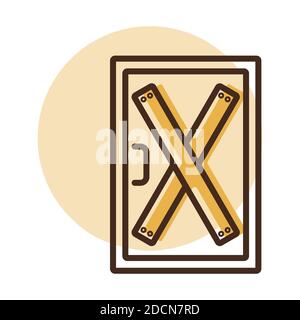 Icône vectorielle de porte intégrée, installation de cartes sur la porte pour empêcher tout accès non autorisé, ou abandonnée. Manifestation, manifestation, grève, révolution Illustration de Vecteur
