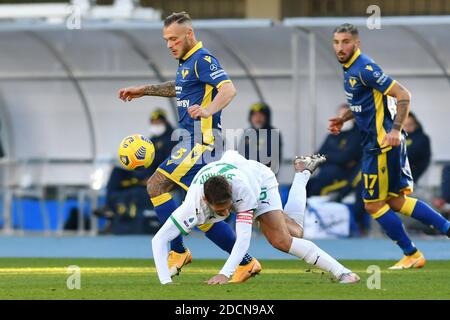 Vérone, Italie. 22 novembre 2020. Vérone, Italie, Marcantonio Bentegodi Stadium, 22 Nov 2020, Federico Di Marco (Vérone) et Domenico Berardi (Sassuolo) pendant Hellas Verona vs Sassuolo Calcio - football italien série A Match - Credit: LM/Alessio Tarpini Credit: Alessio Tarpini/LPS/ZUMA Wire/Alay Live News Banque D'Images