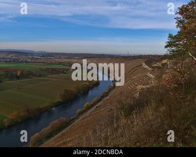 Belle vue panoramique sur la vallée du Neckar près de Hessigheim, Bade-Wurtemberg, Allemagne avec ses vignobles en terrasse, ses champs agricoles et ses arbres. Banque D'Images