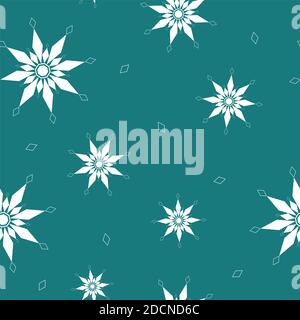 Motif sans couture de flocons de neige blancs géométriques et de losange de différentes tailles sur fond vert. Des vacances d'hiver de style plat et le concept du nouvel an heureux. Banque D'Images